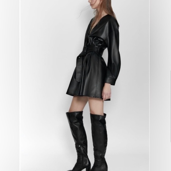 Zara Dress Faux Leather Black Button Belted Jacket Dress Size Medium - Picture 3 of 12